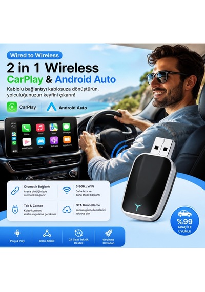 Luve Store 2in1 Kablosuz Carplay Auto Adaptör Wireless Dönüştürücü Usb Type-c Otg Mini Araç Adaptörü