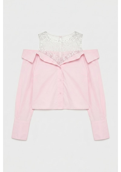 Itsbasic Kadın Pembe Oversize Tül Dantelli Özel Tasarım Gömlek