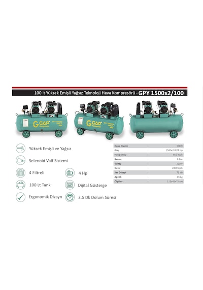 Gap Kompresör Gpy1500x2-100 4 Hp 8 Bar 100 Lt Sessiz Yağsız Kompresör