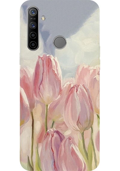 Realme 5i - 6i - C3 Uyumlu Pembe Laleler Baskılı Silikon Kılıf Renkli