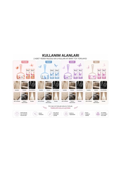 Kullan At Tüy Toplayıcı Rulo Seti 2 Li Yedek Rulolu, 60 Yapraklı Güçlü Yapışkan Bant, Kıyafet Koltuk Halı Perde Araç Koltuğu İçin Pratik Temizlik Rulosu Sticky Roller Pembe