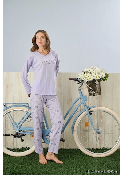 Pijamoni Polyviskon Uzun Kollu Lila Pijama Takımı - 7300 LILA