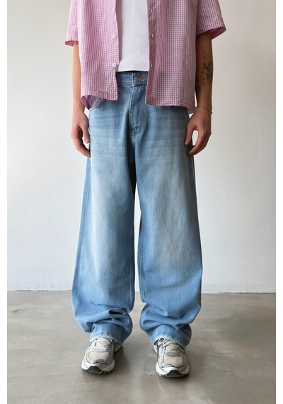 Flaw Çizgili Eskitme Model Baggy Jean-29012 Buz Mavi