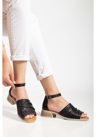 Analin Shoes Kadın Hakiki Deri Kalın Bantlı Alçak Topuklu Sandalet Sıyah-krep