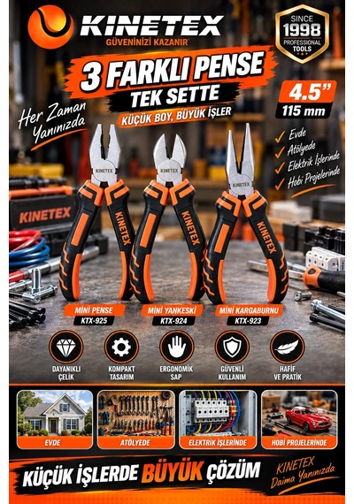 Kinetex 3 Lü Mini Pense Seti 115 Mm Mini Pense, Yankeski Ve Kargaburnu El Aletleri Seti Mini Kıvır