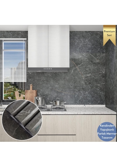 Technosmart 60x500cm Mermer Desen Kendinden Yapışkanlı Duvar Kağıdı Kaplama Mutfak Tezgeh Masa Folyo Koyu Gri