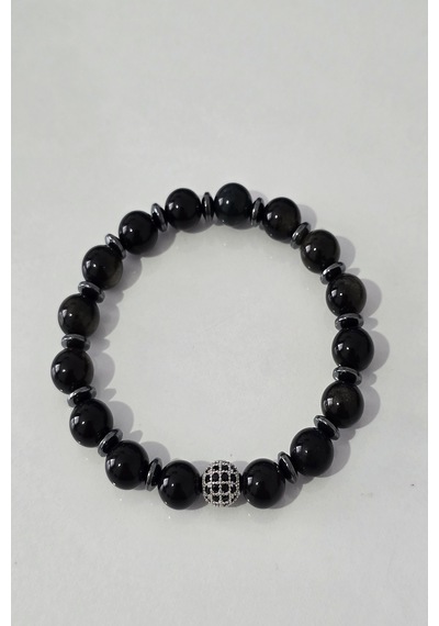 8 Mm Zirkon Talı, Hematit, Gold Obsidyen Doğaltaş Bileklik 01 - Siyah