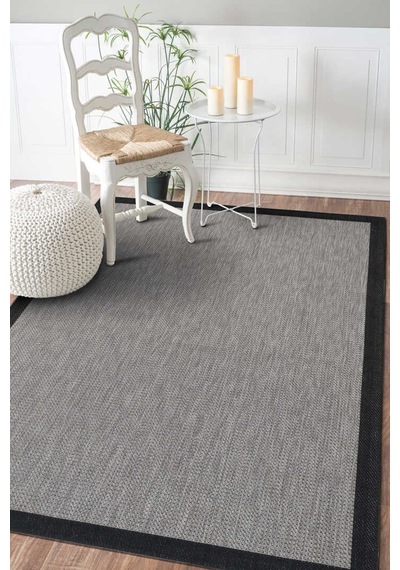 Kaymaz Yıkanabilir Minimal Bordürlü Siyah Dekoratif Sisal Halı Siesta 1505