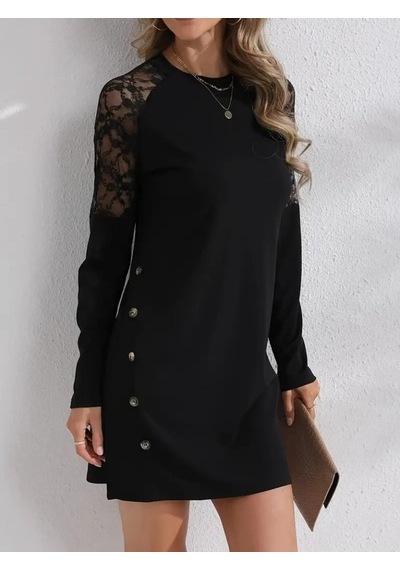 Moderie Butik Kadın Uzun Kollu Bisiklet Yaka Dantel Detaylı Visk8n Iki Iplik Düğmeli Mini Elbise Siyah