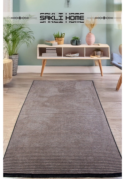 Bej Şönil Kilim Salon Oturma Çocuk Odası Hasır Yıkanabilir Yolluk Kaymaz Taban Halı Siyah Bej