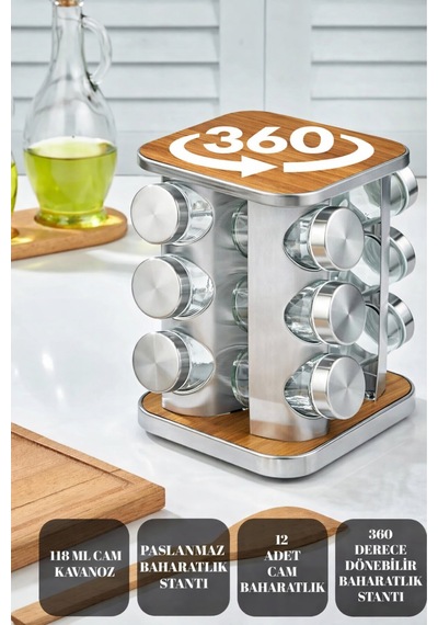 Makri Home 12 Li Ahşap Krom Kare Döner Baharatlık, 360 Paslanmaz Stantlı, 118 Ml Cam Kavanoz, 19 X 23 Cm Ahşap