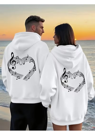 Nevermind Sevgili Çift Kombin Hoodie Notalı Kalp Baskılı Oversize Kapüşonlu Beyaz