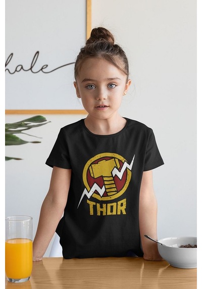 Sevbano Tasarım Thor Çekiç Baskılı Unisex Avengers Çocuk Tişört 1-12 Yaş SIYAH