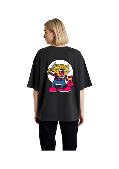 Paybuy Kadın Oversize Grafik Tişört Cesur Kaplan Karikatür Baskı Dijital Siyah