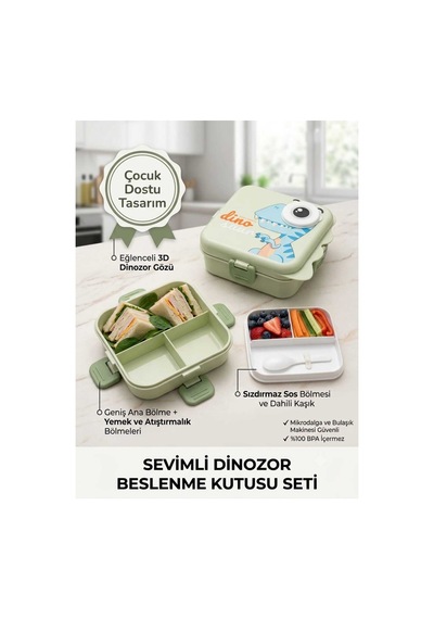 Beslenme Kutusu 3 Bölmeli Kilitli Kapak Dinazor Figürlü Plastik .