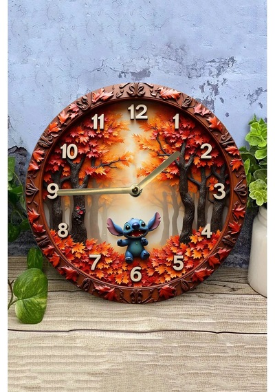 3d Görünümlü "stitch İle Sonbahar" Mdf Duvar Saati Sdw323 Renkli