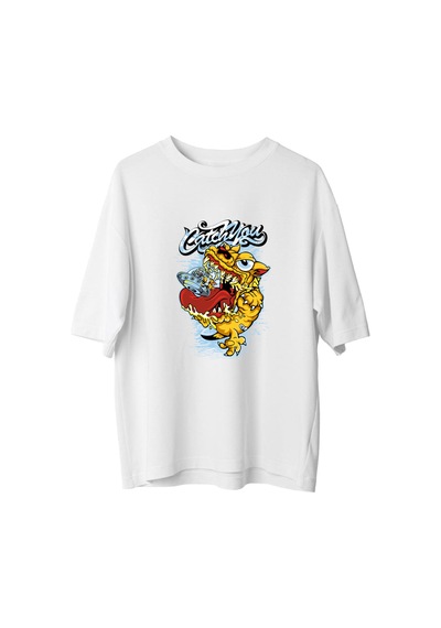 Paybuy Erkek Oversize Tişört %100 Pamuk Baskılı Vintage Canavar Tasarımı Beyaz
