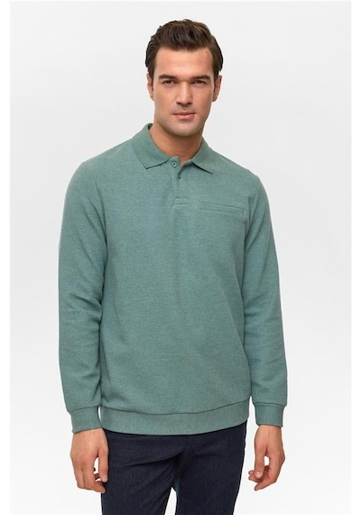 Süvari Haki Regular Armürlü Polo Yaka Sweatshirt Haki