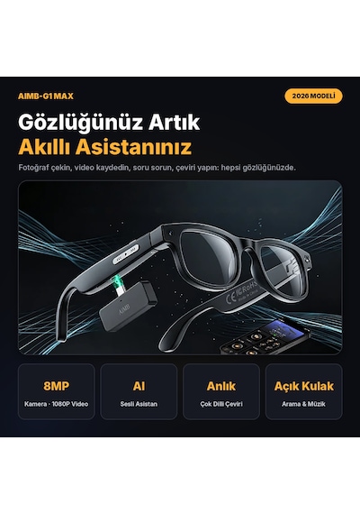 Aımb-g1 Max Akıllı Gözlük 8mp Kamera Aı Çeviri Bluetooth