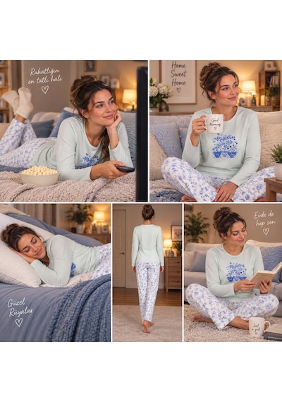 Mihra Kadın Pijama Takımı Milan Turkuaz Mavi