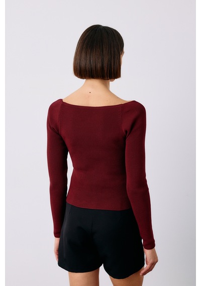Sateen Kalp Yaka Triko Bluz - Bordo-135189 Bordo