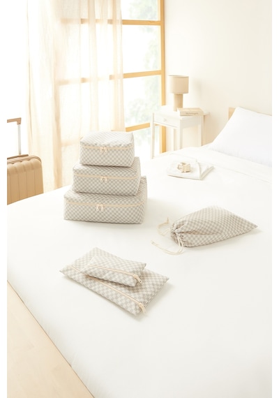 Ocean Home Textile 6'lı Yıkanabilir Gri Dama Desen Pamuklu Bavul İçi Düzenleyici Set Gri