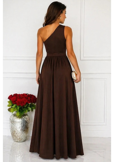 Meridefashion Tek Omuz Yırtmaçlı Uzun Abiye Elbise Siyah - S/m Çok Renkli