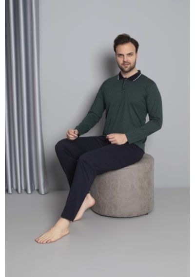 Tampap Erkek Düğmeli Desenli Uzun Kollu Pijama Takımı 16585 Yeşil Yeşil