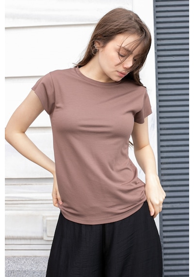 Kadın İpeksi Kumaş Geniş Sıfır Yaka Kısa Kol Tshirt Bluz-kahve Kahve