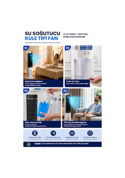 Exenar - Beyaz - Kule Tipi Soğutucu Fan Uzaktan Kumandalı Su Buharlı Soğutucu Vantilatör 70w-3l Su Tankı-led Ekranlı