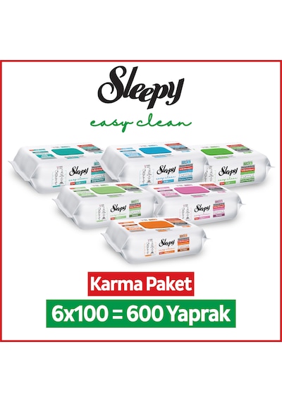 Sleepy Easy Clean Yüzey Temizlik Havlusu Mendili Doğa + Meyve Serisi 6x100 Karma Paket Beyaz