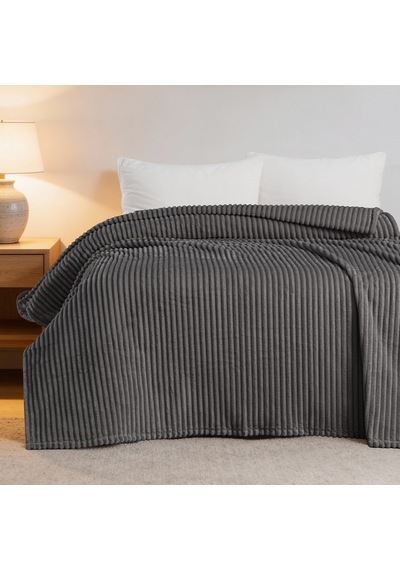 Maxstyle Çizgili Vizon Çift Kişilik Polar Battaniye Koyu Gri 200x220 Cm Renkli