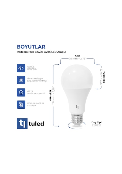 Redeem Plus A70S E27 Led Ampul, Titreşimsiz, Göz Konforu, 1258 Lümen, Ilık Beyaz, 3000 Kelvin