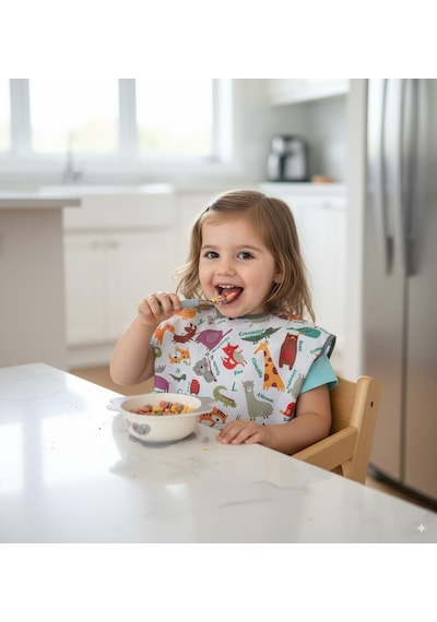 1-3 Yaş Su Geçirmez Cırtlı Cepli Unisex Yarım Kollu Bebek Çocuk Mama Önlüğü Zoo Belirtilmemiş