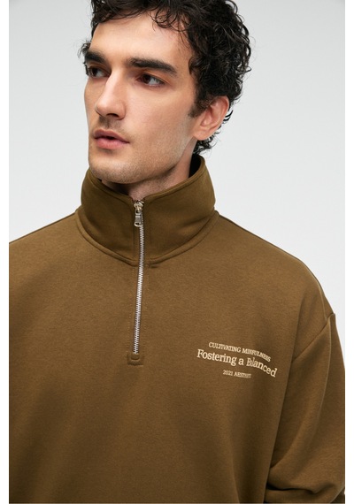 Grımelange BRAM Erkek %100 Pamuk Dik Yakalı Yarım Fermuarlı Baskılı Haki Sweatshirt