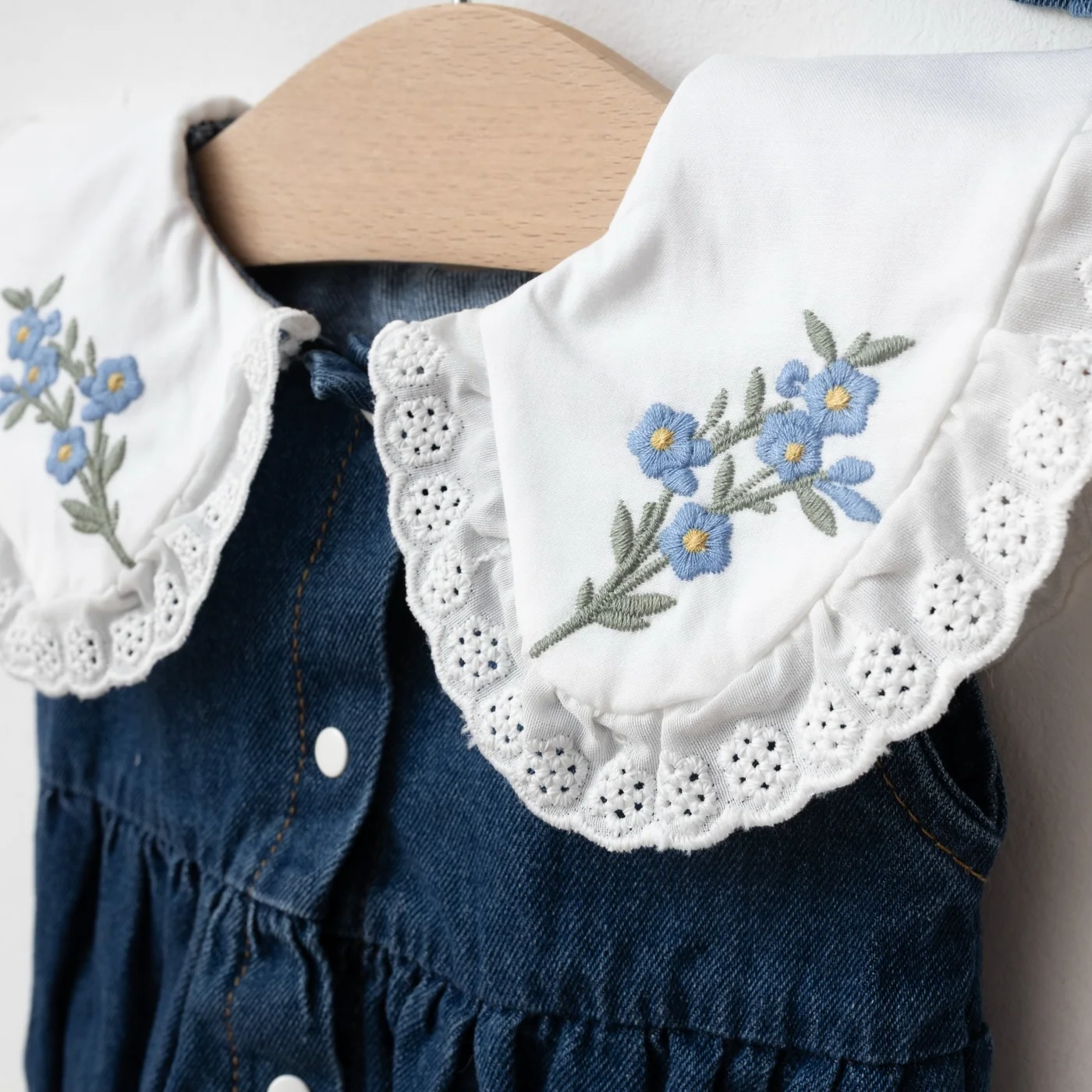 Momercy Vintage Yaka Nakışlı Dantelli Kız Bebek Kot Romper Tulum Ve Şapka Kot Rengi