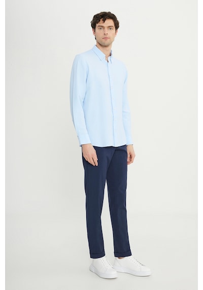 AC&Co / Altınyıldız Classics Erkek Mavı Slim Fit Dar Kesim Düğmeli Yaka Armürlü Gofre Desenli Gömlek Mavi