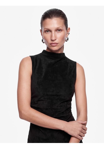 Koton Drapeli Dar Kesim Kolsuz Bodycon Dik Yaka Mini Elbise Siyah 7wak80046uk