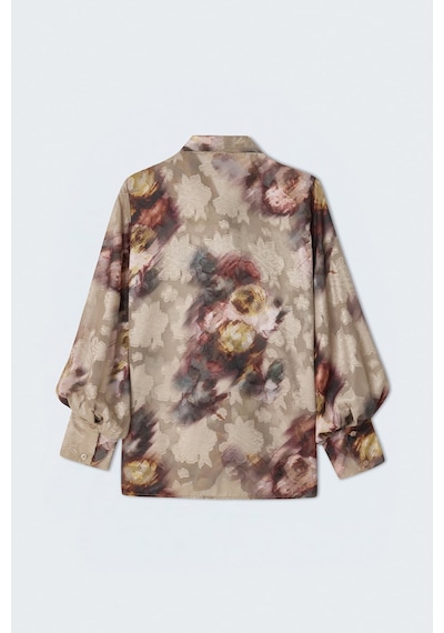 Sateen Fularlı Desenli Gömlek - Vizon-137422