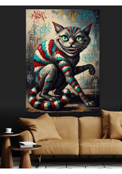 Ahşap Tablo Çizgili Renkli Kedi Pop Art Dekoratif Tablolar