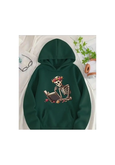 Herkesemoda Skeleton Man Baskı Detaylı Kapüşonlu Sweatshırt Yeşil