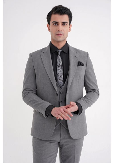 Efor Slim Fit Çift Yırtmaç Ekoseli Esnek Yünlü Yelekli Klasik Füme Takım Elbise Tk 934 Füme