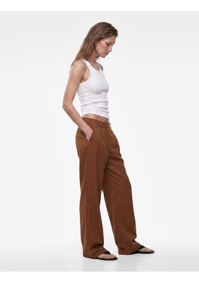 Koton Cepli Pile Detaylı Geniş Paça Baggy Keten Pantolon Kahverengi 6sak40409pw Kahve