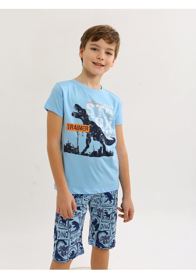 Vitmo Erkek Çocuk Kısa Kollu Kapri %100 Pamuklu Pijama Takımı Trainer Mavi