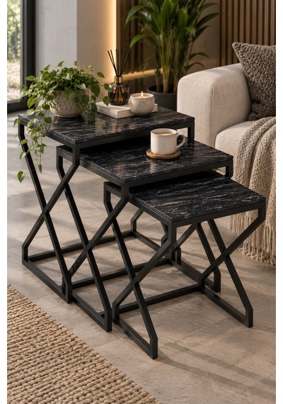Sulorahome Modern Zigon Sehpa Seti Siyah Desenli Ve Metal Ayaklı Siyah Mermer Desenli
