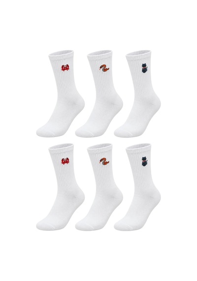 Unisex Çorap Beyaz Hayvan Nakışlı 6'lı Set Yengeç Yılan Kedi Desenli Uzun Soket Günlük Spor Çorabı Beyaz, 36-40 Diğer