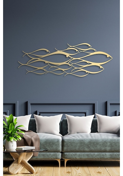 School Of Fish Metal Duvar Dekorasyonu - Gold - 150 X 53 Cm