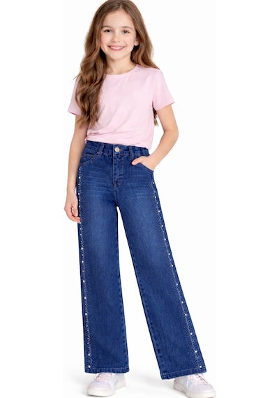 Irem Kız Çocuk Eskitme Desenli Yanları Taş Detaylı Likralı Geniş Paça Model Mavi Renk Kot Pantolon Mavi Irem Kız Çocuk Eskitme Desenli Yanları Taş Detaylı Likralı Geniş Paça Model Mavi Renk Kot Pantolon Mavi