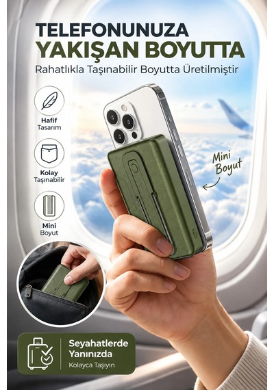 Exenar - Yeşil - 10000mah Standlı Pd20w Type-c - Usb-a Scp22.5w - 15w Kablosuz Hızlı Şarj Led Göstergeli Powerbank Haki Yeşil Exenar - Yeşil - 10000mah Standlı Pd20w Type-c - Usb-a Scp22.5w - 15w Kablosuz Hızlı Şarj Led Göstergeli Powerbank Haki Yeşil