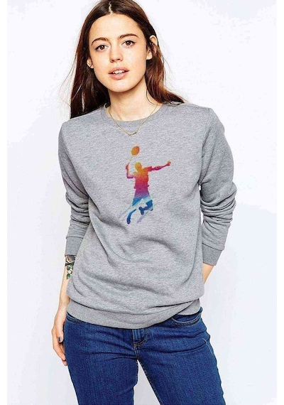 Watercolor Badminton Baskılı Gri Kadın Sweatshirt